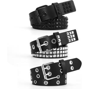 3 Pcs Studded Belt Y2K Metal Goth Punk Rock Rivet Belt with Bright Pyramid Studded for Women Men (Fit Pant 31-36 inch, Silver+black+double Holes)