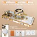 Magnetic case for iPhone 16 with Full Camera Lens Protection(Compatible with MagSafe),Military Shockproof Slim Electroplate Bumper Clear Cover Built-in Invisible Ring Stand,Gold