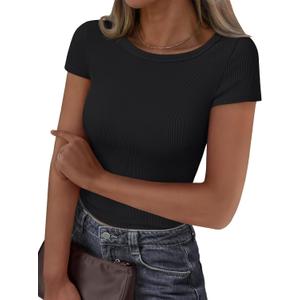 Trendy Queen Women Short Sleeve T Shirts 2025 Ribbed Summer Casual Basic Cute Tee Sexy Crop Tops Fitted Clothes Black, L