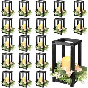 Hushee 60 Pcs Wooden Wedding Lantern Centerpiece Integrated Holders with Candles and Wreaths Rustic Wooden Candle Lantern Decor for Wedding Party Table Valentine Decor (Black)