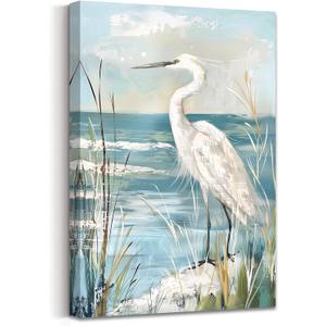 AWPANERAR White Heron Canvas Wall Art Coastal Bird Pictures Prints Blue Ocean Poster Beach Egret with Reed Painting Artwork for Bathroom Decor Framed (30L x 20W)