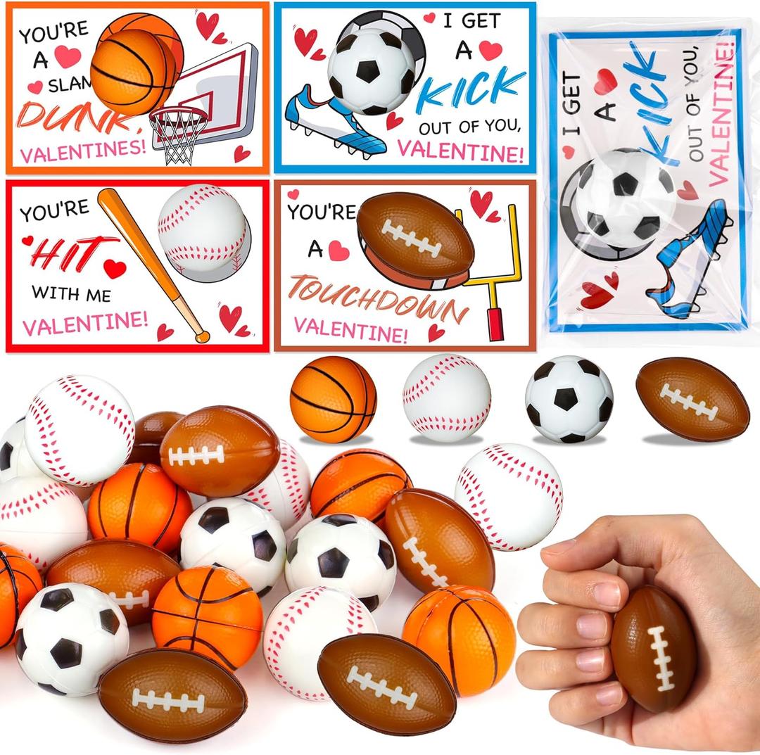 FLYSNK 28 Pack Stress Ball Valentines Day Cards for Kids School, Valentines Day Gifts for Kids Classroom, Sports Valentines for Boys Class Valentines Exchange Cards Party Favors Exchange Gifts Prizes