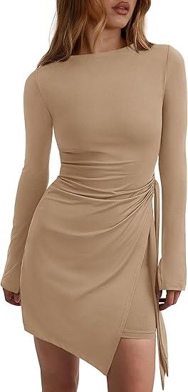 PRETTYGARDEN Women 2025 Mini Bodycon Dresses Long Sleeve Ruched Fitted Short Night Out Trendy Party Club Outfits Fall Clothes XS