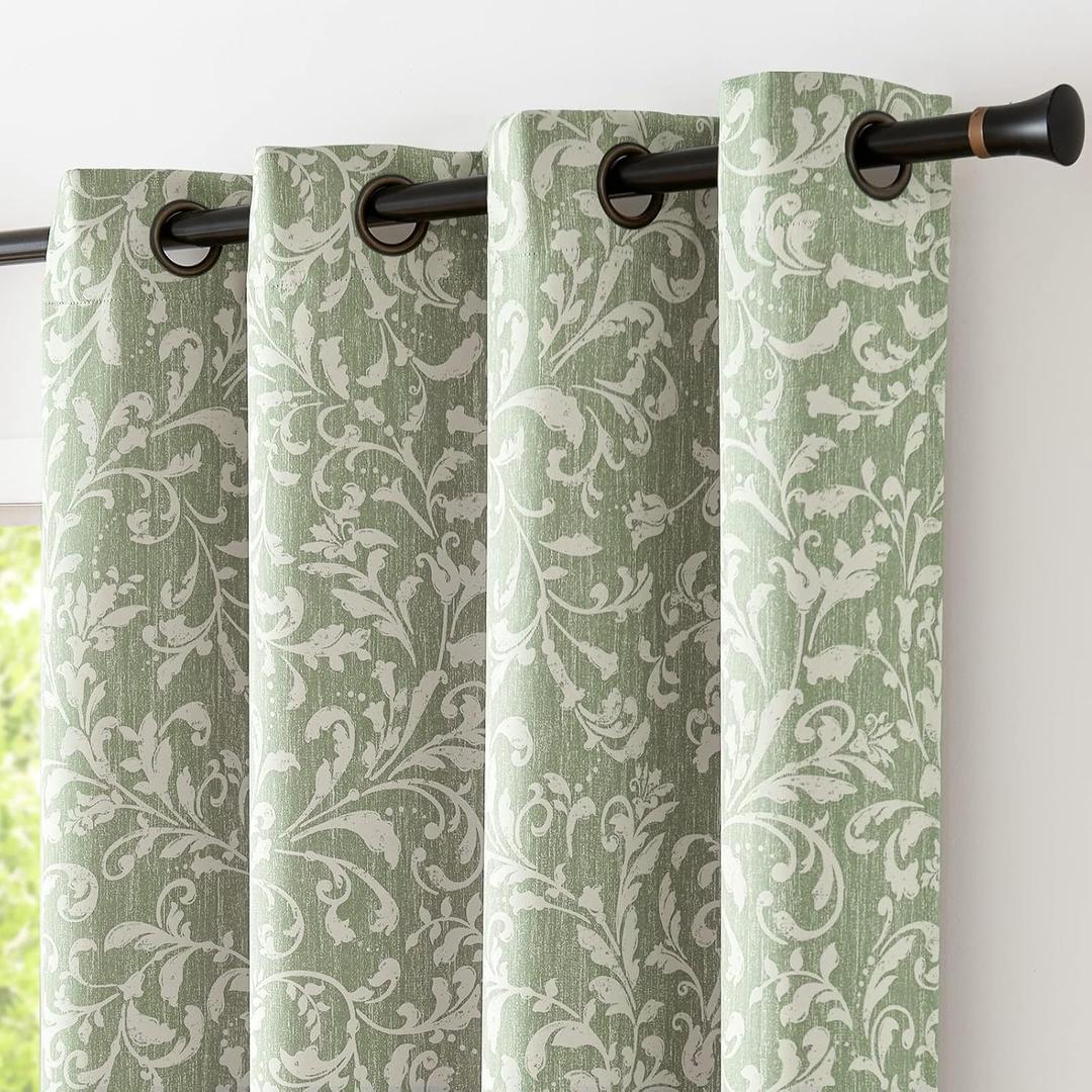 COLLACT 80% Blackout Curtains for Bedroom Green Scroll Floral Patterned Curtains 90 Inches Long Vintage Art Deco Drapes Thermal Insulated Room Darkening Grommet Drapes 2 Panels W50 x L90 Sage Green
