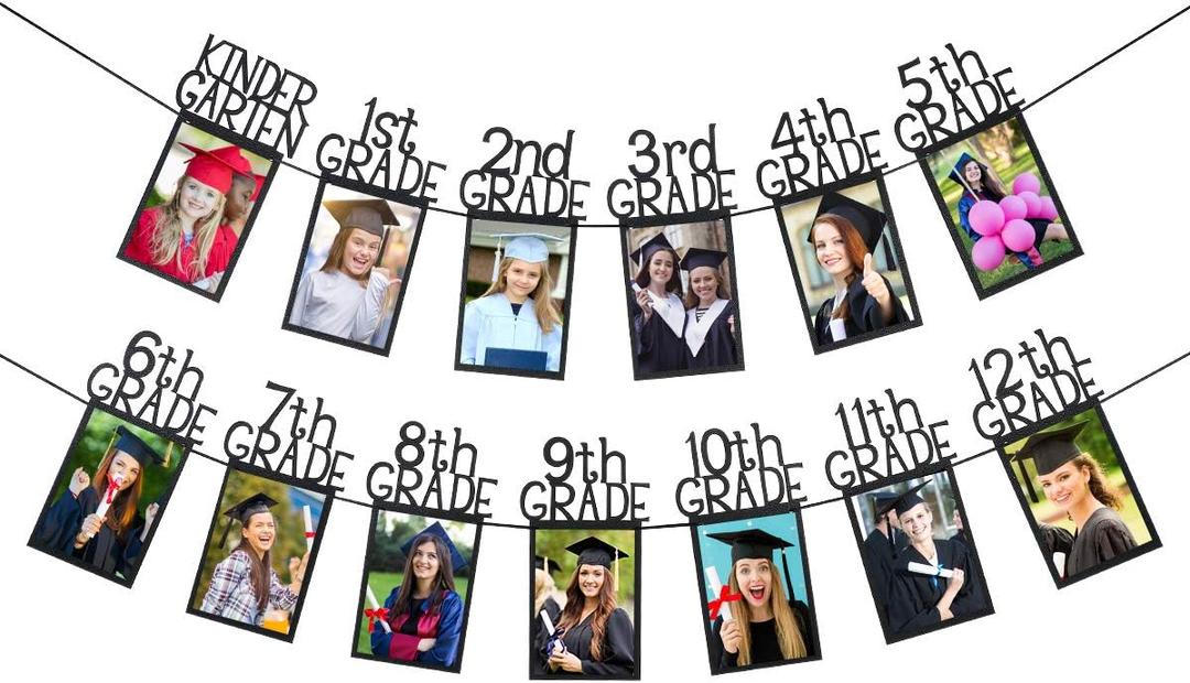 Black Glitter K-12 Graduation Photo Banner Kindergarten to 12th Grade Graduation Picture Banner for Grade Photo Kindergarten Graduation Party Decorations 2026