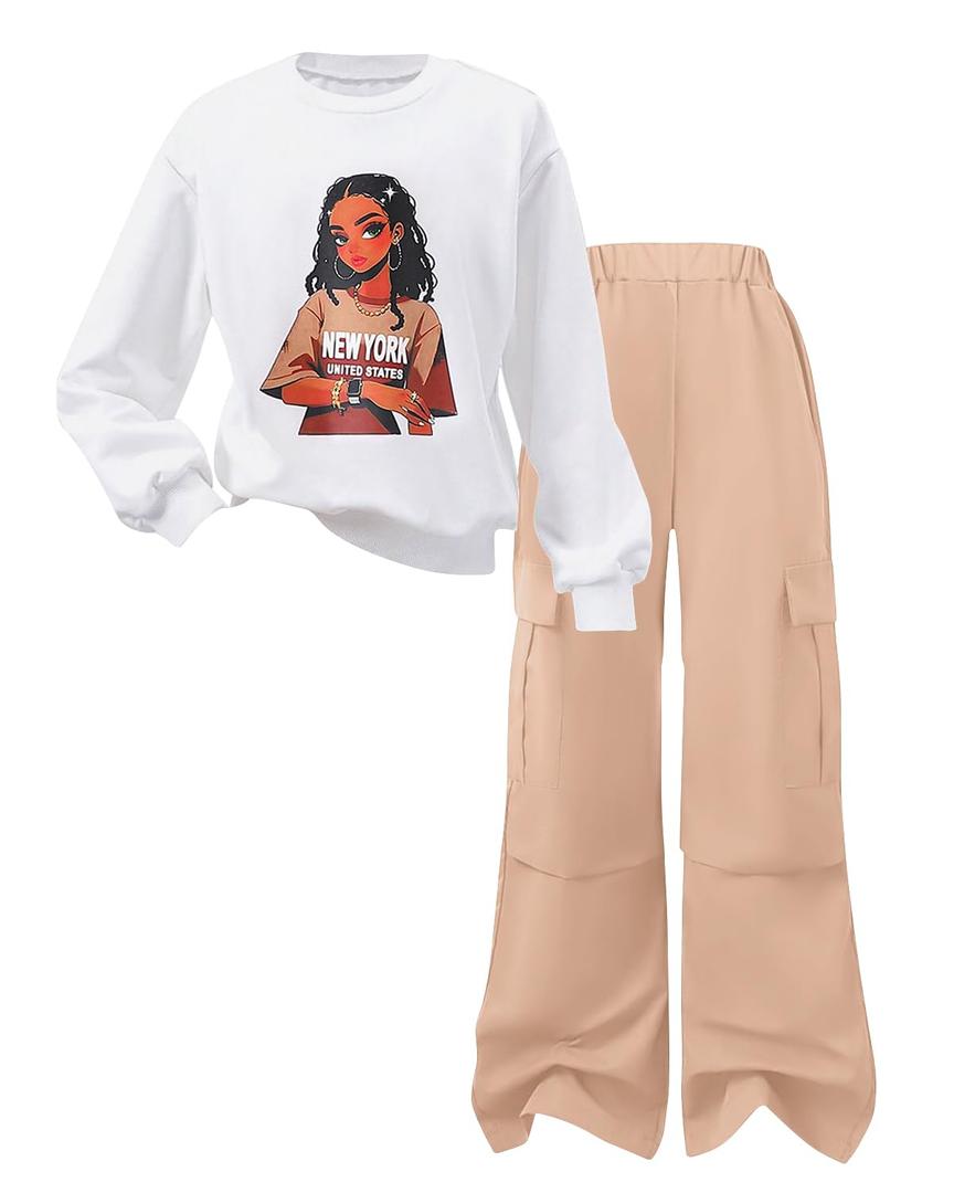 Cakaner Girls Clothes 2 Pieces Long Sleeve Shirt and Cargo Pants Fall Outfits Sets (6-7Y) (White)