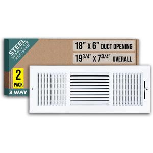 [2 Pack] Fits 18x6 Duct Opening 3 Way Steel Air Supply Diffuser by Handua | Register Vent Cover Grille for Sidewall and Ceiling | White | Outer Dimensions: 19.75" X 7.75" (18" X 6" Duct Size)
