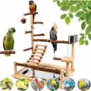 Natural Wood Bird Play Stands for Cockatiel - Parrot Perch Stand with Removable Tray and 2 Stainless Steel Cups, Parrot Swing