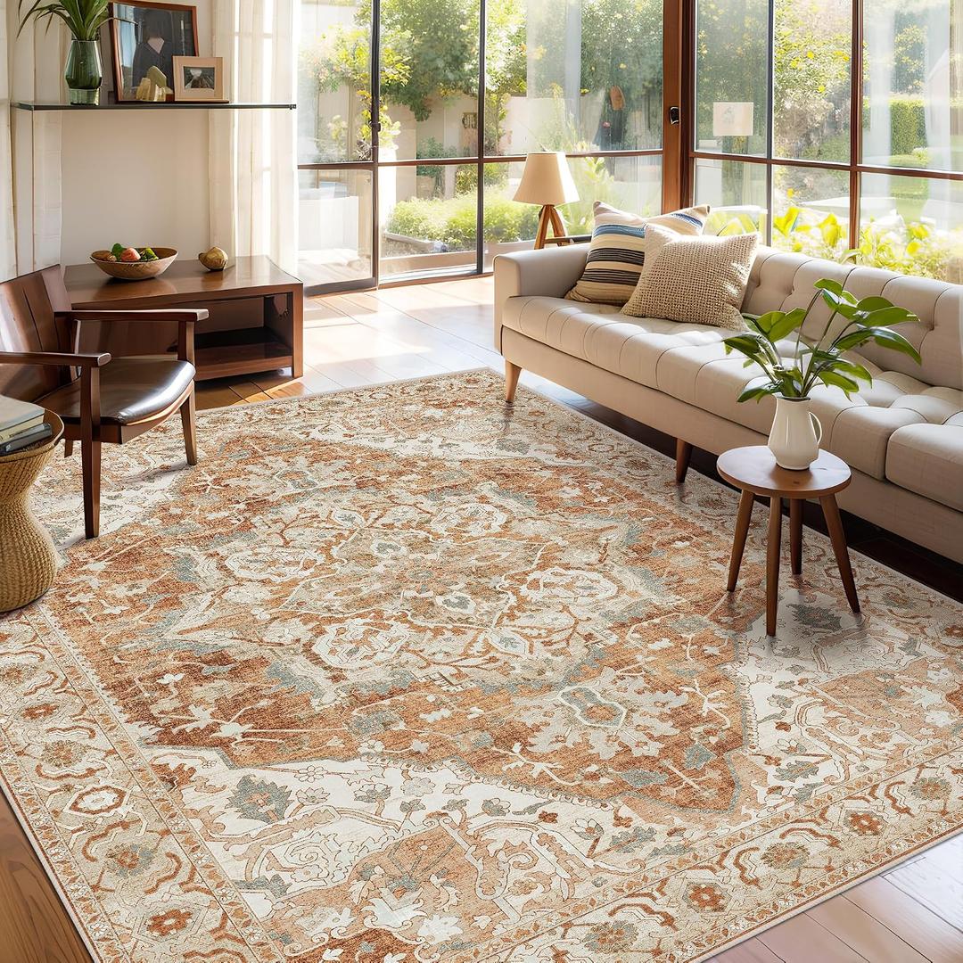 Boho Area Rug 6x9 Washable Large Vintage Rug for Living Room Bedroom Office Kitchen Entrance Dining Room Non Slip Soft Low-Pile Farmhouse, Caramel/Beige/Multi
