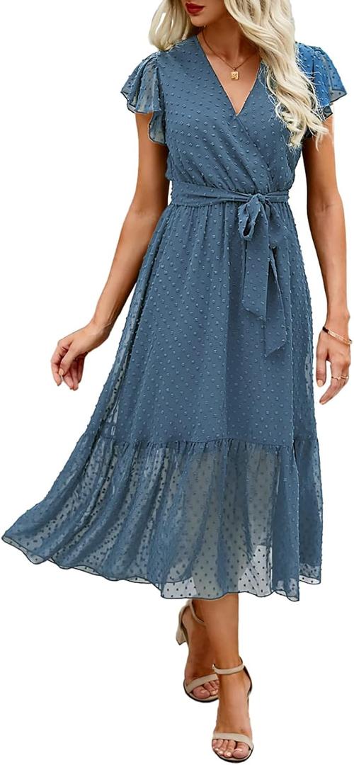 BTFBM Women Summer Bohemian Floral Casual Wrap V Neck Ruffle Cap Sleeveless Belt A-Line Pleated Hem Midi Sun Dress White (Swiss Dot Grey Blue, XXL)
