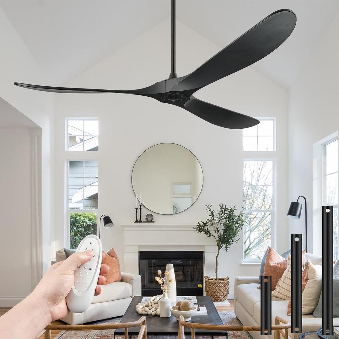 Ceiling Fans Without Light, 84 Inch Outdoor Fan No Light, Black Ceiling Fan with Remote, 3 Solid Wood Blades, Quiet Motor, High CFM, Propeller Large Ceiling Fan for Patios,Black