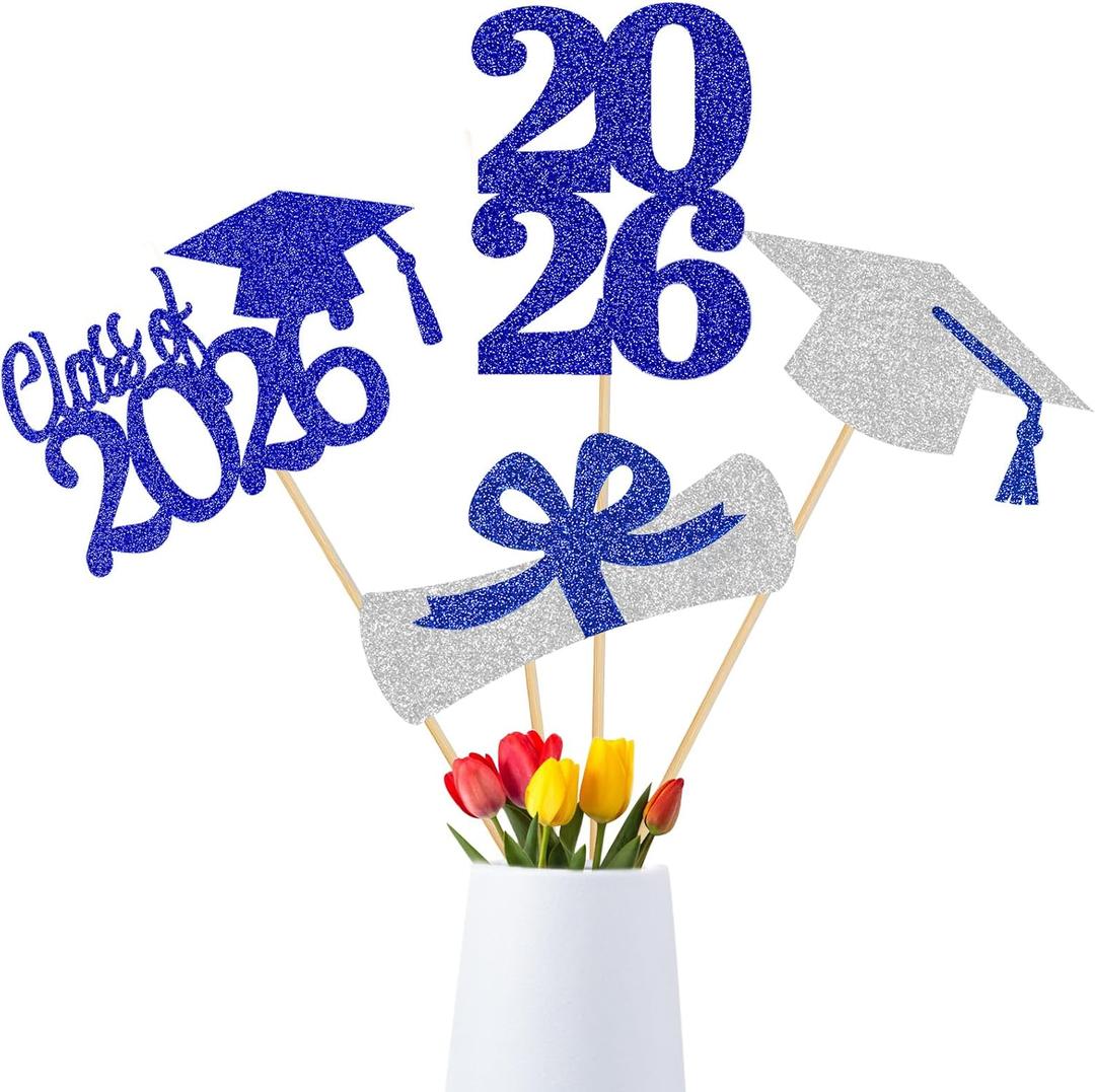 24Pcs 2026 Graduation Table Centerpiece Sticks Blue and Silver 2026 Graduation Centerpieces for Tables 2026 Class of 2026 Graduation Party Table Decorations Blue and Silver