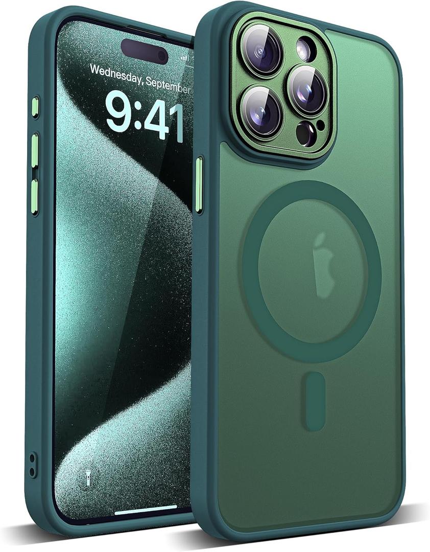 YEMORAN Compatible with iPhone 15 Pro Case with Built-in Camera Lens Protectors Translucent Magnetic 15 Pro Phone Case 6.1" [Compatible with Mag-Safe][Great Grip Feeling], Green