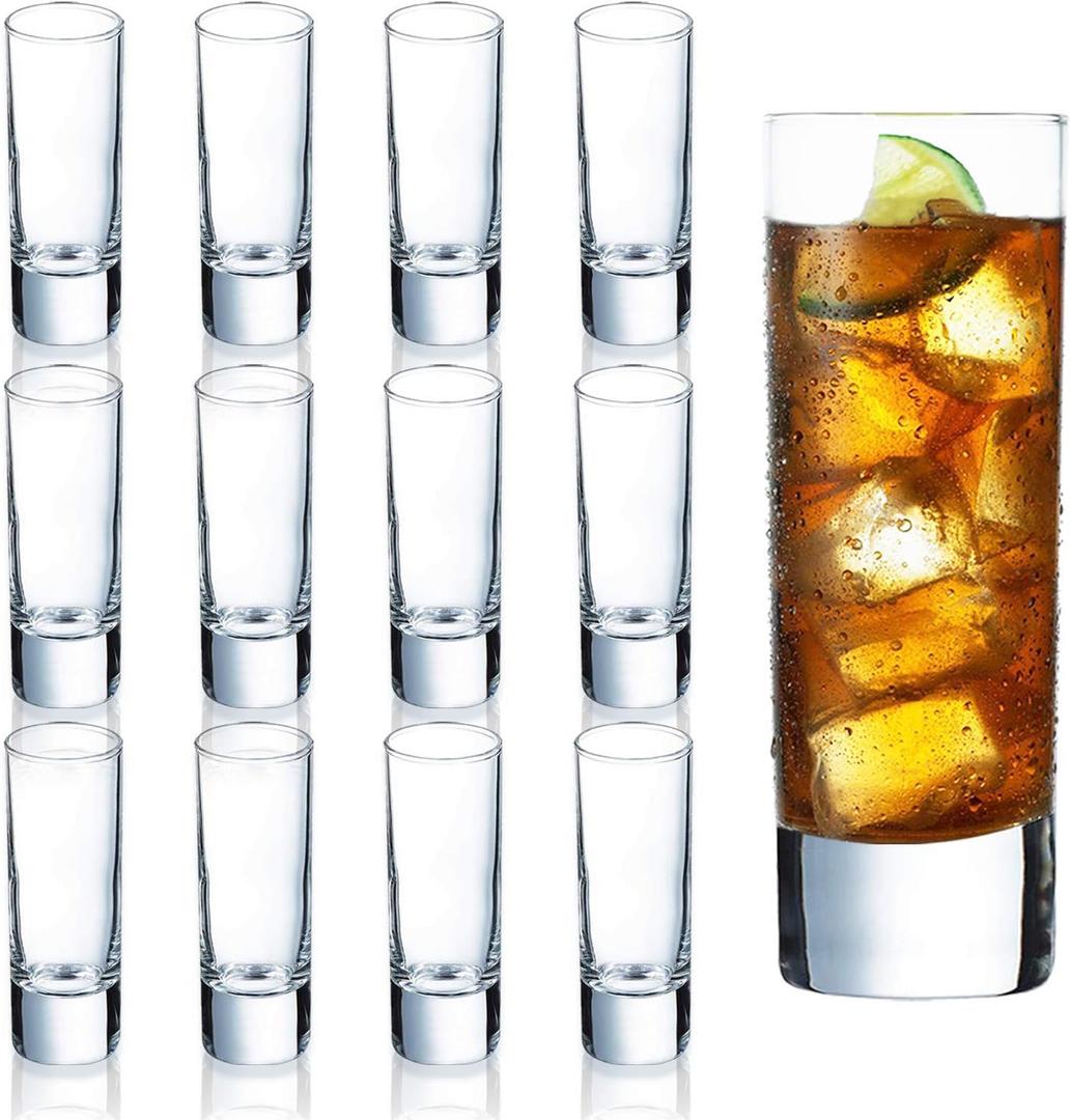 Clear Heavy Base Shot Glasses 12 Pack, 2 oz Tall Glass Set for Whiskey, Drinks