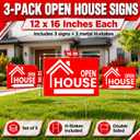 3X Double Sided 12x16 Open House Sign for Real Estate Agent Supplies for Sale Plastic Signs with H Wire Stakes - Realtor Supplies for Sent Houses for Sale Yard Sign - Moving Sale Directional Signs Kit
