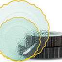 100 PCS Green Stone Texture Plastic Plates, Disposable Plates with Gold Rim, Heavy-duty Clear Plastic Plate Include 10" Dinner and 7" Salad Plate for Party and Wedding