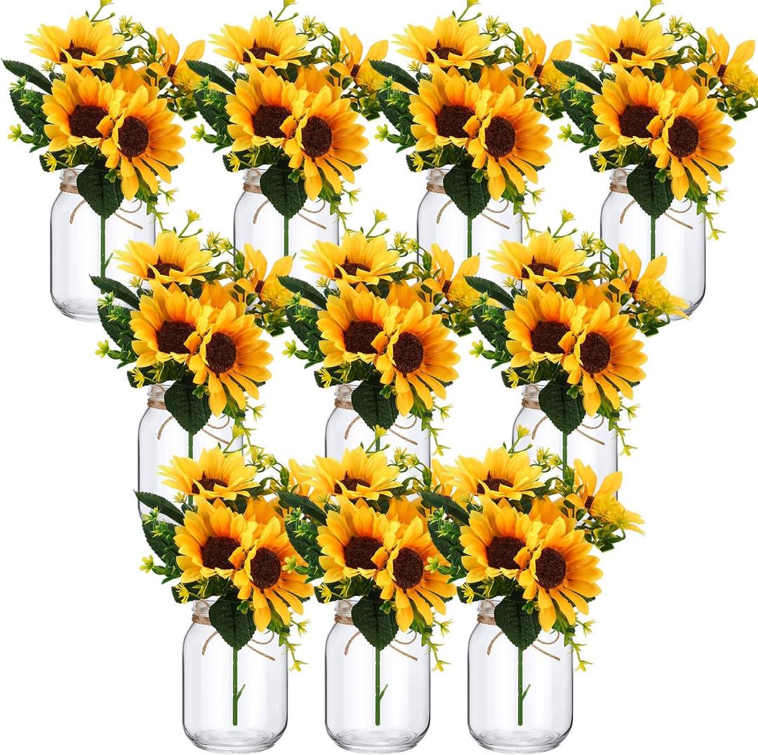 XunYee 10 Set Mason Jar Table Centerpiece with Flower Mason Jar Flower Centerpiece Vases Decor for Engagement Party Bridal Shower Centerpieces Wedding Reception Table Decor(Sunflower)