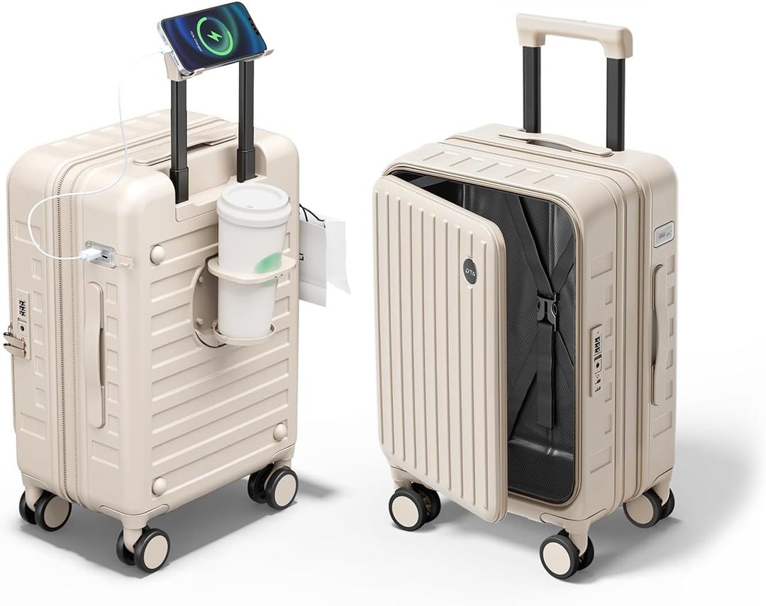 Expandable Lightweight PC Hard Shell Suitcase, 24-inch Luggage with TSA Lock, Top Opening & Cup Holder - Ideal for Business Travel Suitcase (Beige)