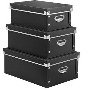 SEEKIND Storage Box, Decorative Storage Bins with Lid,3 in 1 Set,Plastic,with Handles,Press-Stud Fastening,Moisture-proof,Foldable for Space Saving Storage,for Clothes,Cosmetic,Blankets (Black)