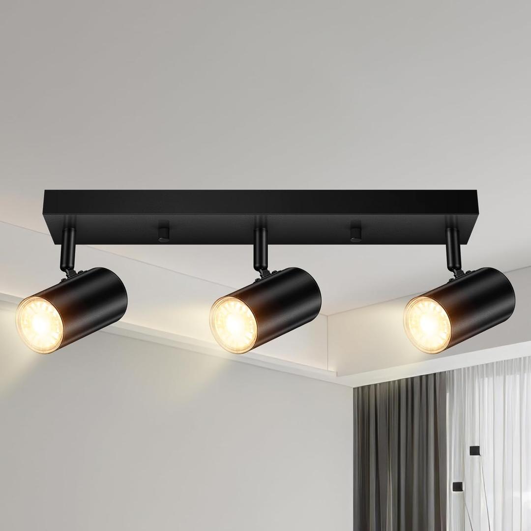 BoostArea LED Track Lighting Ceiling Fixtures, Black 3-Light Plug in Track Lights for Kitchen, 3 Way Ceiling Spotlight, 15 FT Cord,Flexibly Rotatable Wall Mount Light Head for Bedroom Hallway