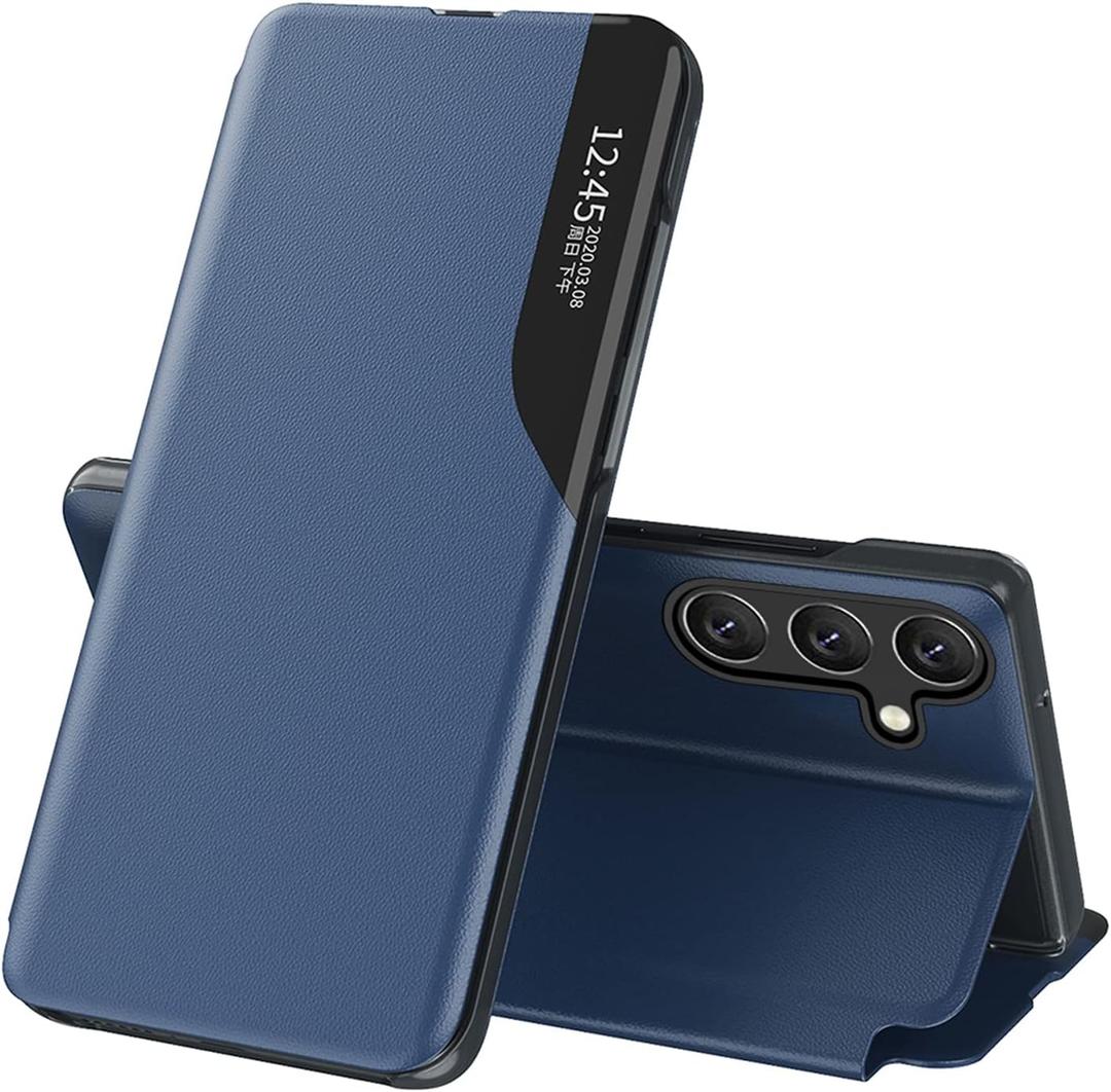 LEMAXELERS Phone Case for Galaxy A26 5G, Fashion Slim Business Smart Window Hard PC + PU Leather Kickstand Flip Shockproof Case Cover for Samsung Galaxy A26 5G, Blue QH