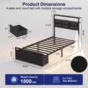 Petkulo Twin Bed Frame with 2 Storage Drawers, LED Lights & Charging Station, Upholstered Headboard with Shelves, Heavy Duty Metal Platform, No Box Spring Needed, Noise Free, Easy Assembly