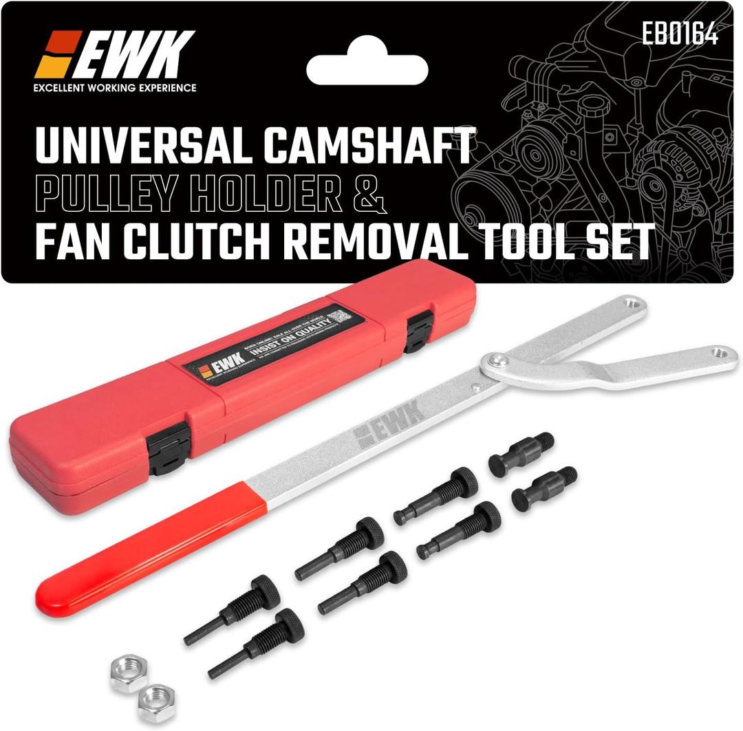 EWK Universal Camshaft Pulley Holder & Fan Clutch Removal Tool Set, Adjustable Sprocket Holding Wrench with 4 Pin Sizes for Timing Belt, Cam Gear & Pulley Service