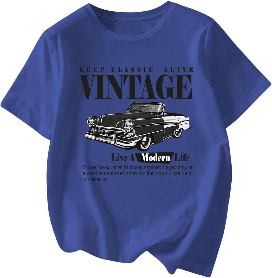 Women's Graphic Letter Tee Crew Neck Drop Shoulder Trendy Summer T Shirt Short Sleeve Vintage Car Print Top (M)