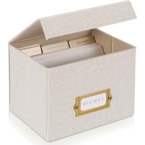 ZICOTO Beautiful Linen Recipe Box - Fits 4x6 inch Recipe Cards to Organize Up to 250 Recipes - Sturdy Card Holder and Great for Any Kitchen - Cards Not Incl. (Ivory)