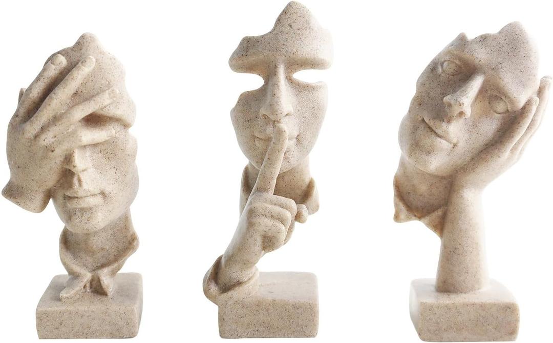 aboxoo 3 Pcs Thinker Statue, Silence is Gold Abstract Art Figurine, No Hear No See No Speak Modern Resin Sculptures Decor for Living Room, Home, Office Study (Sandy) (Small)