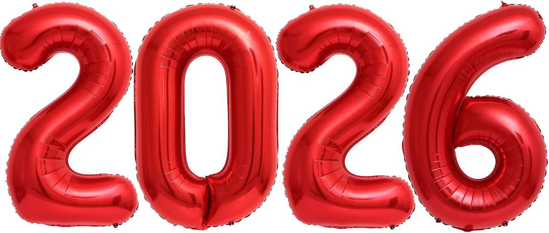 Giant Red 2026 Balloons, 40" Large Red 2026 Balloons Helium Mylar Foil Balloons for 2026 New Year Graduation Christmas Party Decoration