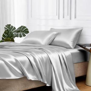 MR&HM Satin Bed Sheets, Full Size Sheets Set, 4 Pcs Silky Bedding Set with 15 Inches Deep Pocket for Mattress (Full, Silver Grey)