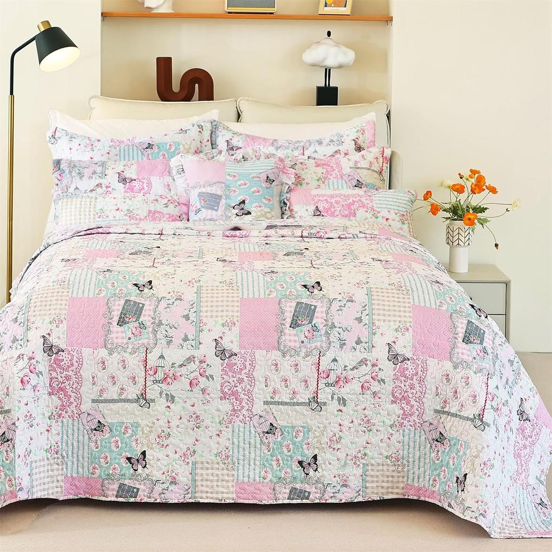 Cmfshape Garden Floral Bedding Set King,Reversible Quilted Bedspread,Pink Butterfly Quilt Set,Reversible Stitched Coverlet with 2 Pillow Shams(King106 x96 Pink)