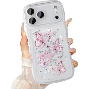 UEEBAI Wave Butterfly Case for iPhone 17 Pro Max 6.9 inch Case, Pretty Bling Star Butterfly for Women Cute Shiny Glitter Phone Cover for Girls Bling Clear Cover Curly Shockproof Girly Shell - Clear