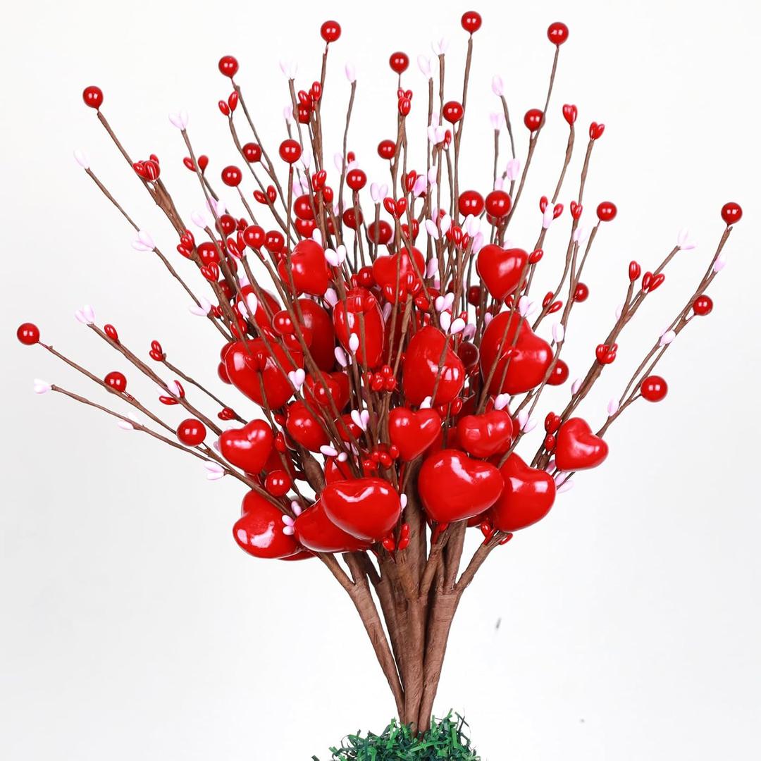 Valentines Day Tree Topper Decorations,6 Pcs Valentine Floral Picks Artificial Flowers with Red Heart and Pink Berry for Galentines Day Tree Ornaments Wedding Holiday Party Home Decor