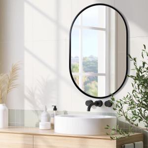 ANDY STAR Oval Mirror, 20x30 Glossy Black Bathroom Mirror, Pill Shaped Vanity Mirror for Wall, Polished Black Metal Framed Mirror Wall Mounted Vertically or Horizontally 1" Deep