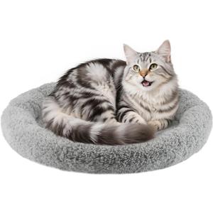 NAMSAN Round Cat Beds for Indoor Cats, 19.5 x 19.5 x 2 inch, Self Warm Pet Bed Pad with Pillow Around, Plush Cushion for Small Medium Dogs Large Cats, Antiskid Bottom, Grey