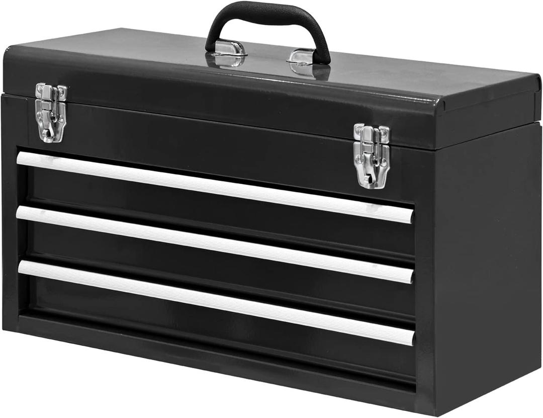 BIG RED 3 Drawer 20 Metal Tool Box Portable Steel Tool Chest with Metal Latch Closure for Garage, Home and Workbench,Black,ANTBD133-XT