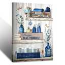 BFKDKG Navy Blue Bathroom Decor! Rustic Blue Bathroom Canvas Wall Decor & 'Please Seat Yourself' Sign Print - Vintage Aesthetic Picture Artwork Decor (16x24in)