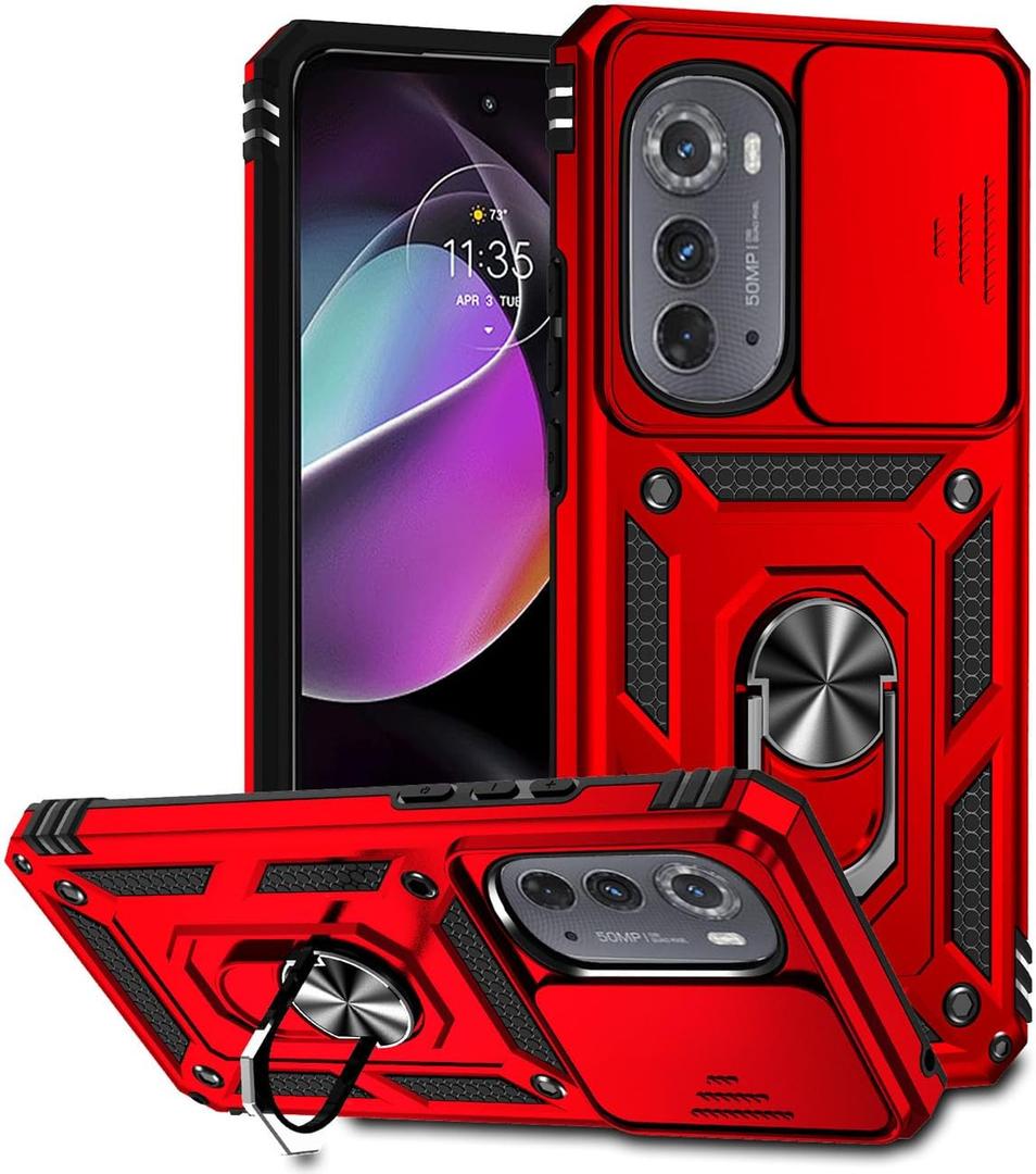 Case for Moto Edge 2022/Edge 2022 5G UW/Moto Edge Gen 3 XT2205-1 Case with Slide Camera Cover, Built-in 360 Rotate Ring Kickstand Magnetic Shockproof Cover for Motorola Moto Edge 2022 5G Red