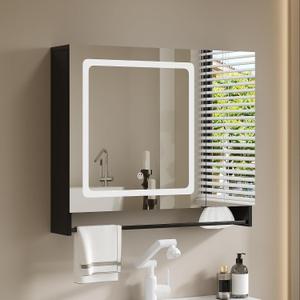 ChooChoo Bathroom Medicine Cabinet with Mirror, Modern Mirror Cabinet with LED Lights, Bathroom Wall Cabinet with Adjustable Shleves, Towel Bar, Black, 5.91"D x 27.56"W x 23.62"H