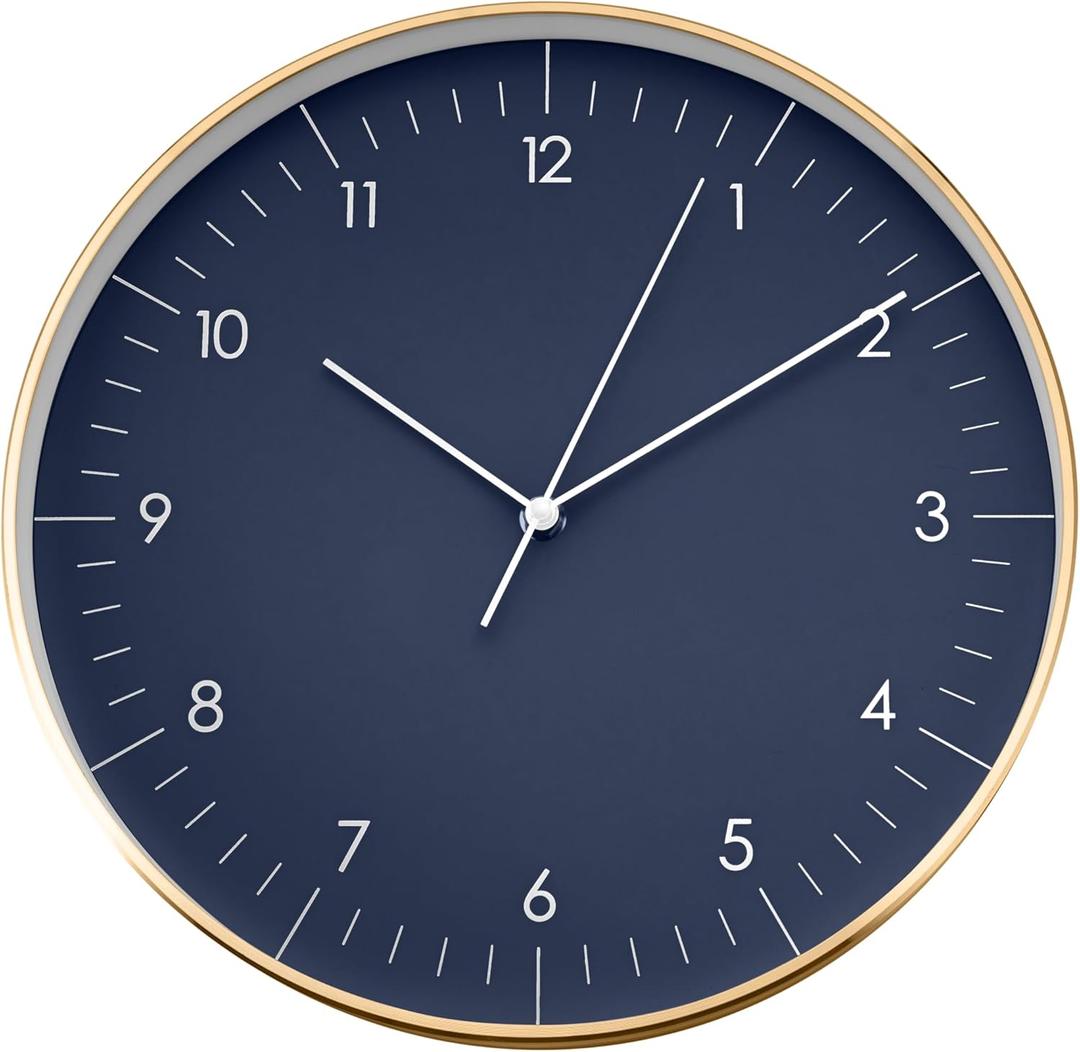 LUUK LIFESTYLE Modern Wall Clock with Silent Quartz Movement, Stylish & Functional, Decoration for Living Room, 12 inch, in Dark Blue & Gold