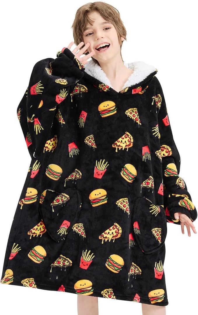 Wearable Blanket Hoodie for Kids Oversized Sherpa Blanket Hoodie for Kids Boys Girls Teens 6-13YR,Hamburger Pizza