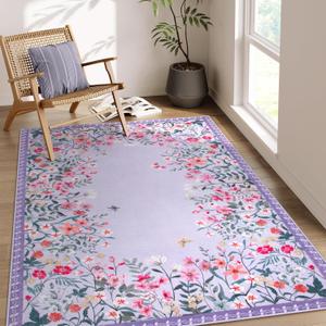 Wonnitar Washable 4x6 Rug, Purple Rugs for Girls Bedroom, Soft Non-Slip Nursery Area Rug, Floral Rug Kids Room Low Pile Throw Carpet for Dorm Decor (Purple,4'x6')