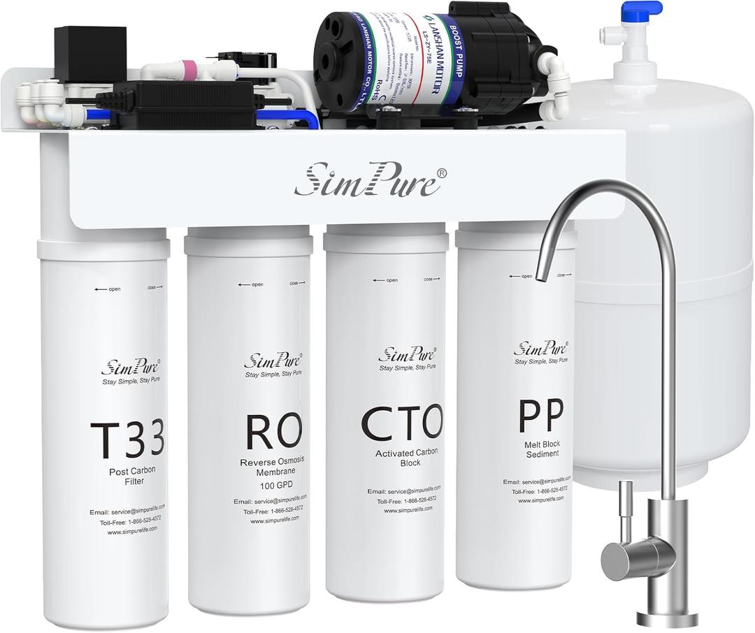 SimPure T1-100 Reverse Osmosis Water Filter, Near 0 TDS Reverse Osmosis System 7 Stage, NSF/ANSI 58 Certified, Under Sink RO Water Filtration System 100 GPD with Tank, Build in Pump, BPA Free
