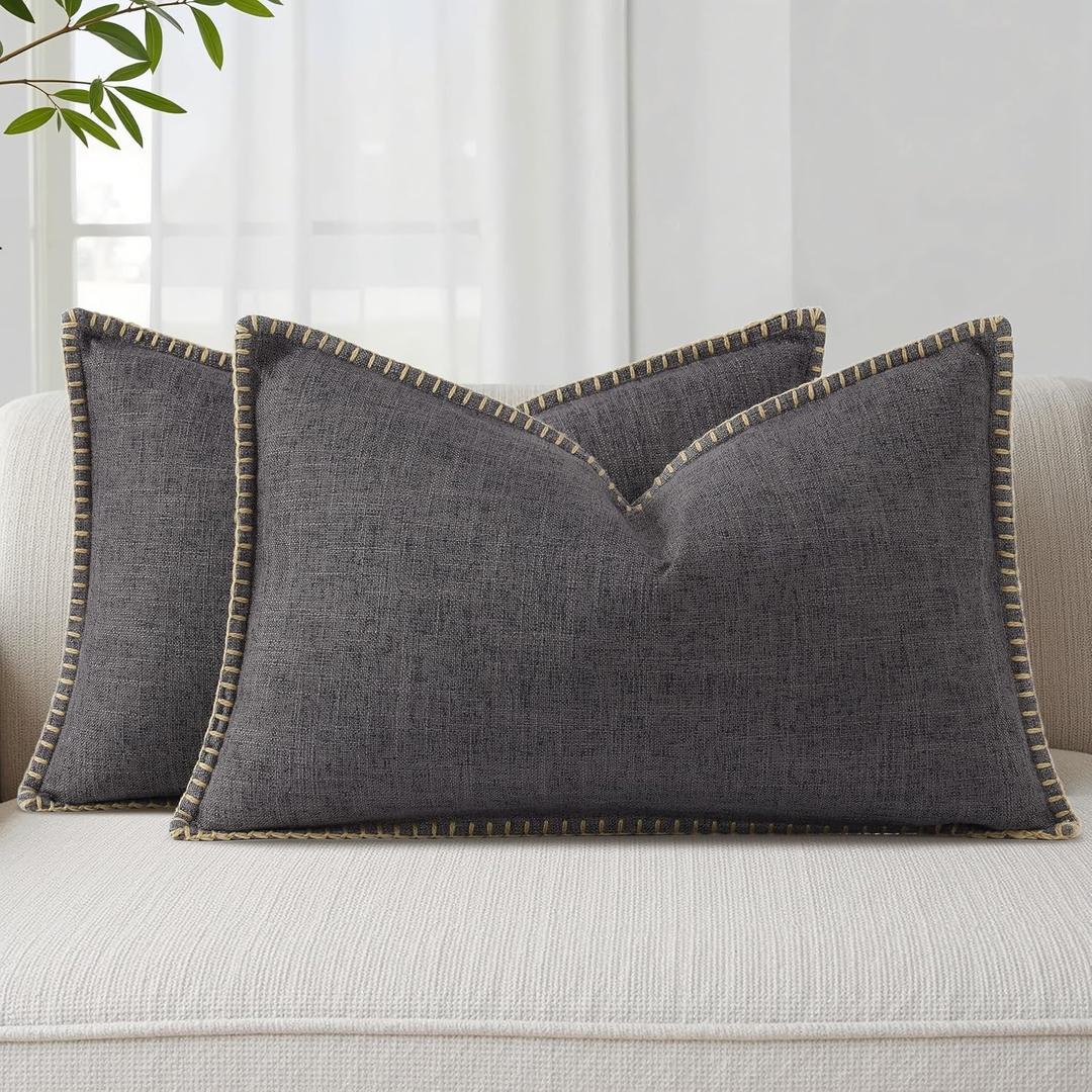decorUhome Summer Decorative Throw Pillow Covers 12x20 Set of 2 Lumbar Faux Linen Farmhouse Pillow Covers with Stitched Edge Outdoor Neutral Pillow Covers for Couch Sofa Living Room, Dark Grey