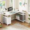 Huuger L Shaped Office Desk with Power Outlets, 47 Inch Computer Desk with 3 Drawers, Shelves, for Gaming, Corner Work, Home Office, Study, White