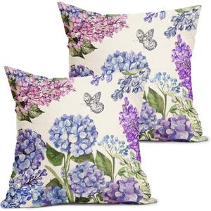 Spring Summer Floral Pillow Covers 18X18 Inch Purple Blue Flowers Bloom Butterfly Decorative Pillow Cases Colorful Throw Pillows Set of 2 Seasonal Farmhouse Home Decor for Sofa Couch Outdoor