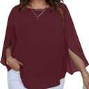 SCOMCHIC Plus Size Blouses for Women Summer Chiffon 3/4 Sleeve Tunic Tops Dressy Scoop Neck Casual Loose Flowy Shirts (5X-Large Plus, Burgundy)
