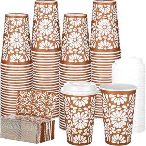 100 Sets Mexican De Barro Fiesta Coffee Cups with Lid Sleeve 12oz Cinco De Mayo Disposable Paper Cup Drink Mug for Mexican Cielito Lindo Party Supply Cafe Shop Birthday Wedding Decoration (Classic)